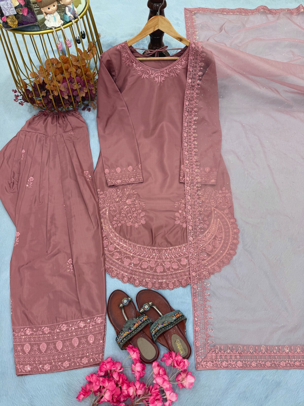 Collection Pur Natural Crepe Readymade Peach Top Palazzo With Dupatta For Women