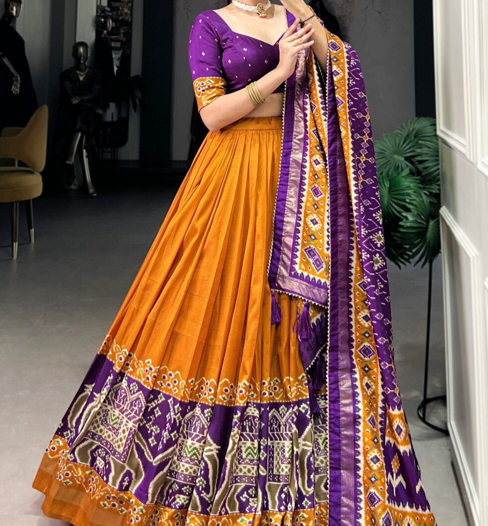 Beautiful Mustard Yellow Tussar Silk Lehenga Choli With Dupatta For Women
