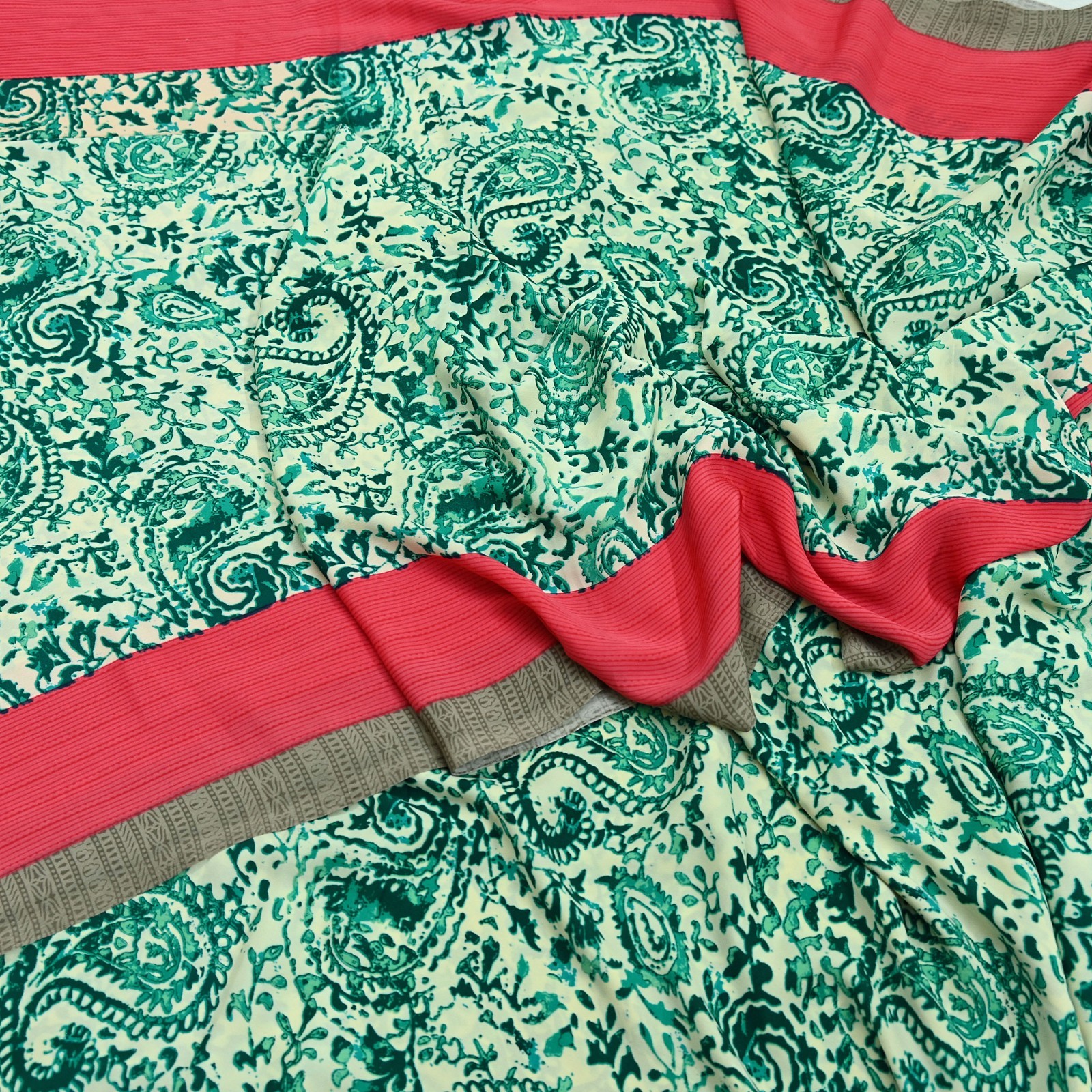 Indian Vintage Sari Pink & Ivory Moss Crepe Printed Sarees 6yd Craft Fabric soft