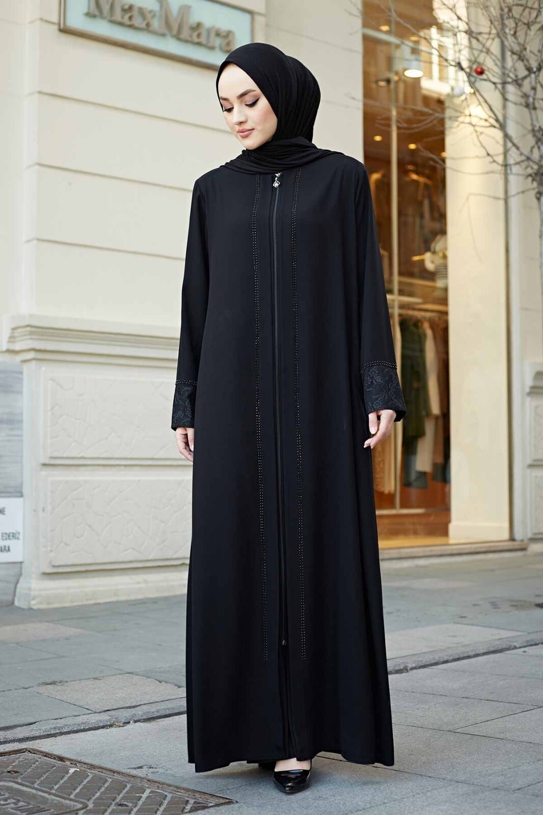 istanbulstyles Women’s Abaya Lace Applique Long Sleeve Floor Length Zipper Floor