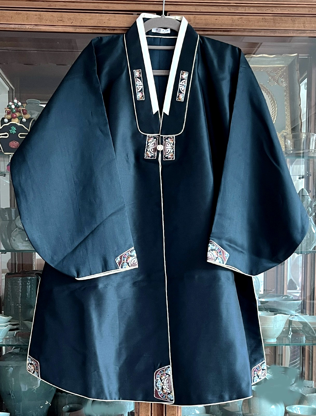 S-M Traditional Korean Hanbok Dress Silk Durumagi Coat-Midnight Navy/ Ivory Trim