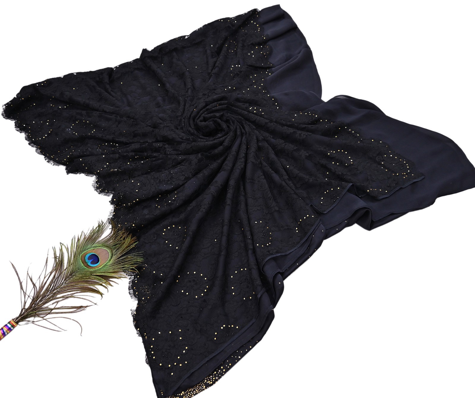 Rare Vintage Black Net Pure Satin Silk Saree Hand Embroidered Fabric 5 Yards Sa