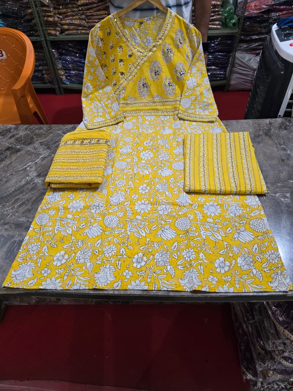 Pakistani Designer cotton Kurta with Pant and Dupatta set, Hand Printed Suit