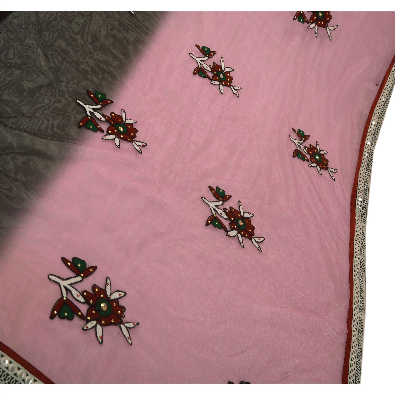 Sanskriti Vintage Indian Sarees Net Mesh Hand Beaded Pink Fabric Rhinestone Sari