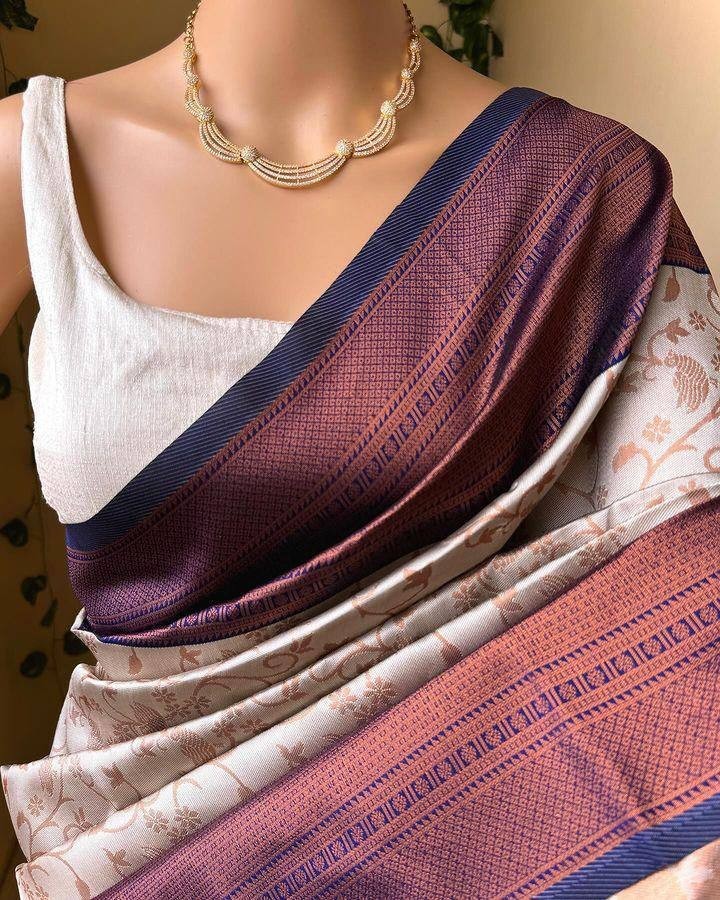Elegant Off White Soft Lichi Silk Saree With Wine Jacquard Border & Blouse India