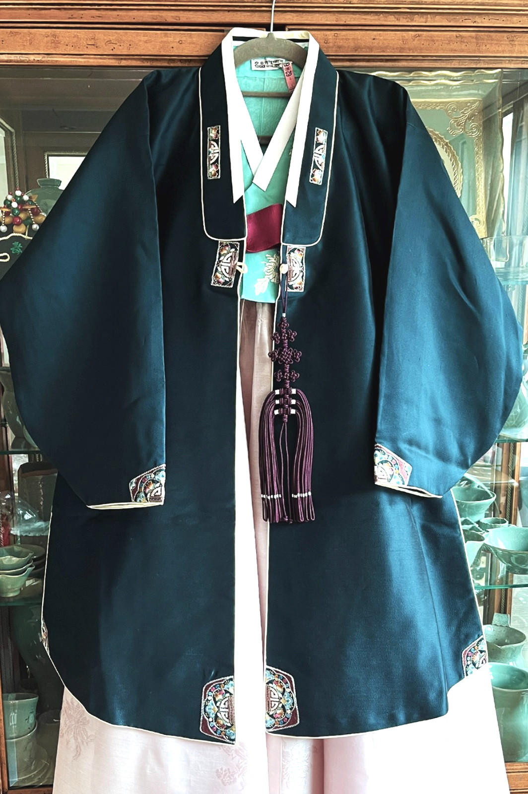 S-M Traditional Korean Hanbok Dress Silk Durumagi Coat-Midnight Navy/ Ivory Trim