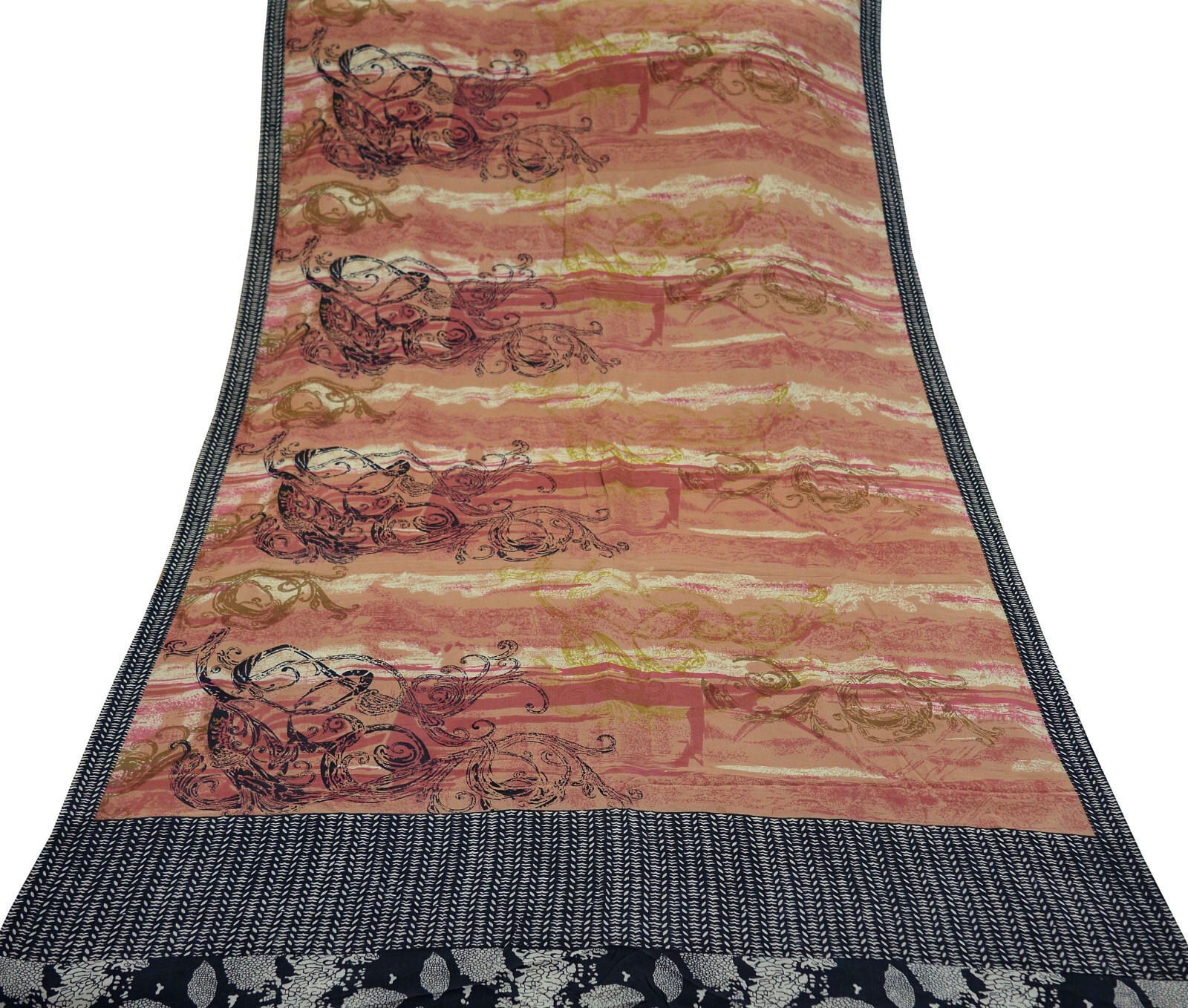 Vintage Sari Brown & Black Pure Crepe Silk Printed Saree 5yd Sewing Dress Making