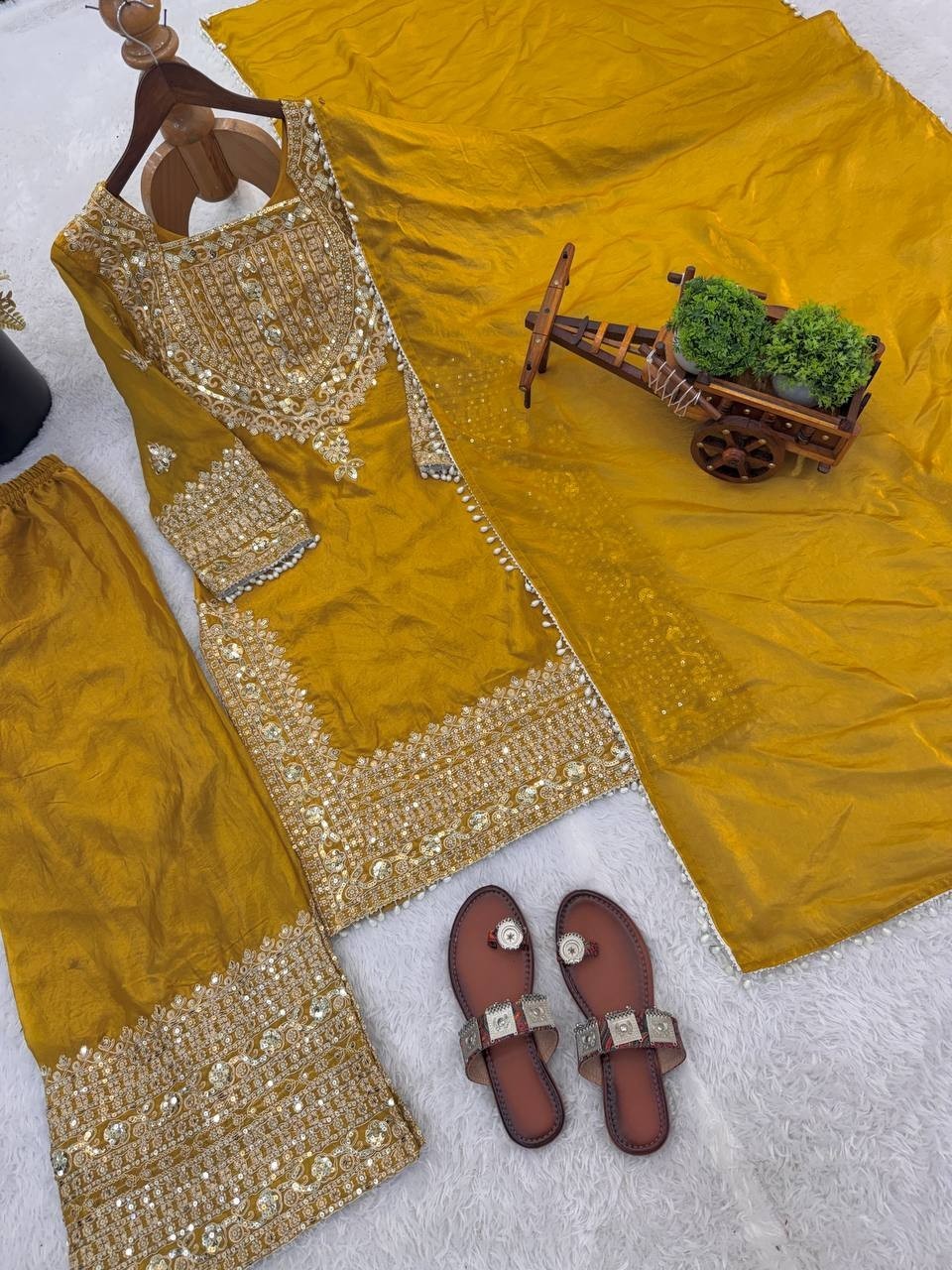 Trending Designer Yellow Silk Kurta Palazzo With Dupatta For Wedding & Party