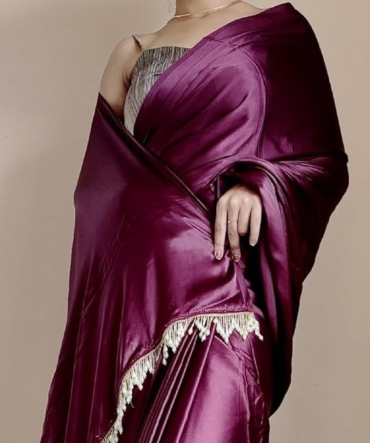 Women’s Ready to Wear Satin Silk 1 Minute Pre Pleated Heavy Saree Wine Color AN4