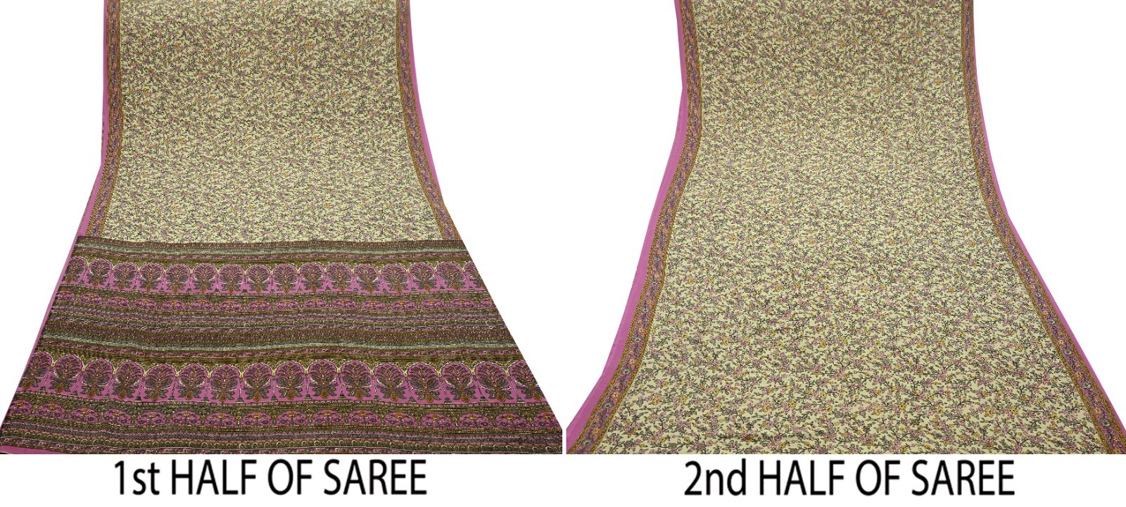 Vintage Sari Ivory & Pink Moss Crepe Printed Sarees 5yd Craft Fabric Sewing Soft