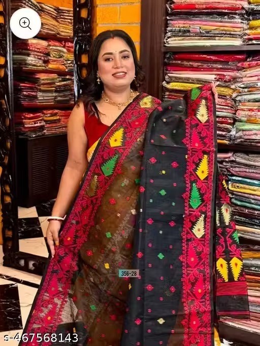 Traditional Bengali Handmade Jamdani Saree With Unstitched Bloused Wedding Wear