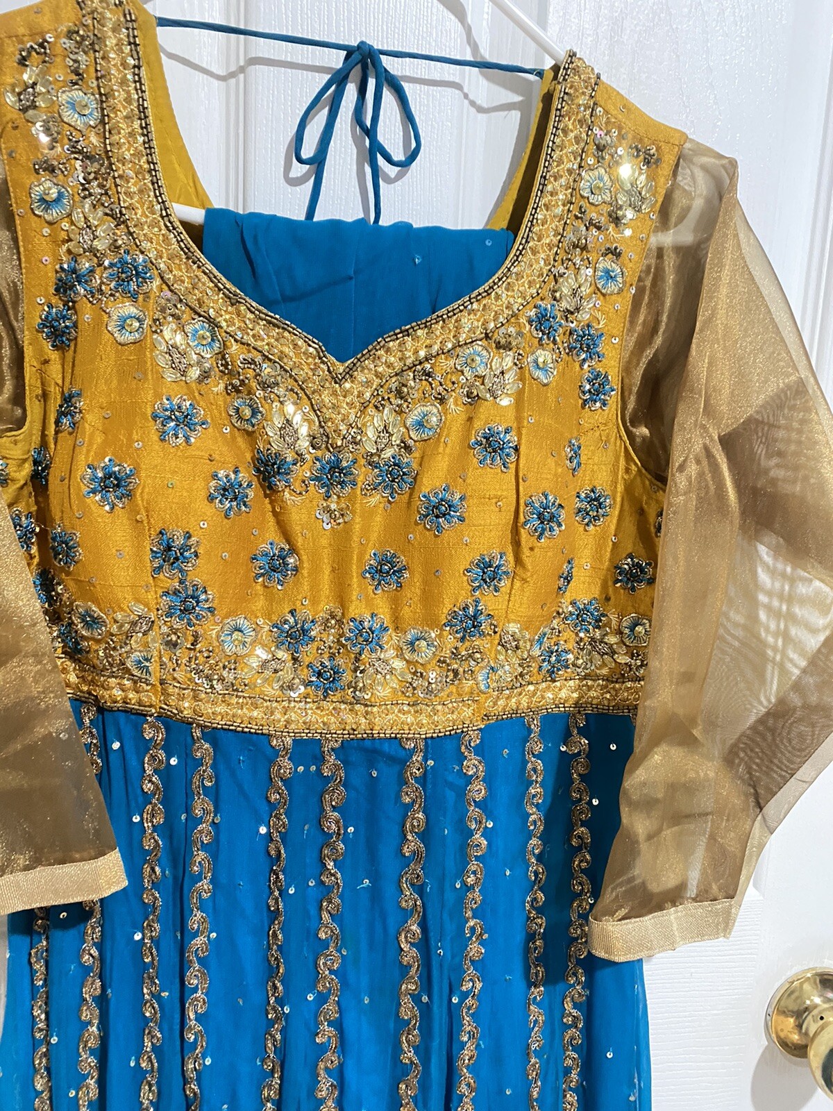 Pakistani Indian Designer Salwar Kameez Party Wear Yellow Gold Tone Blue Dress