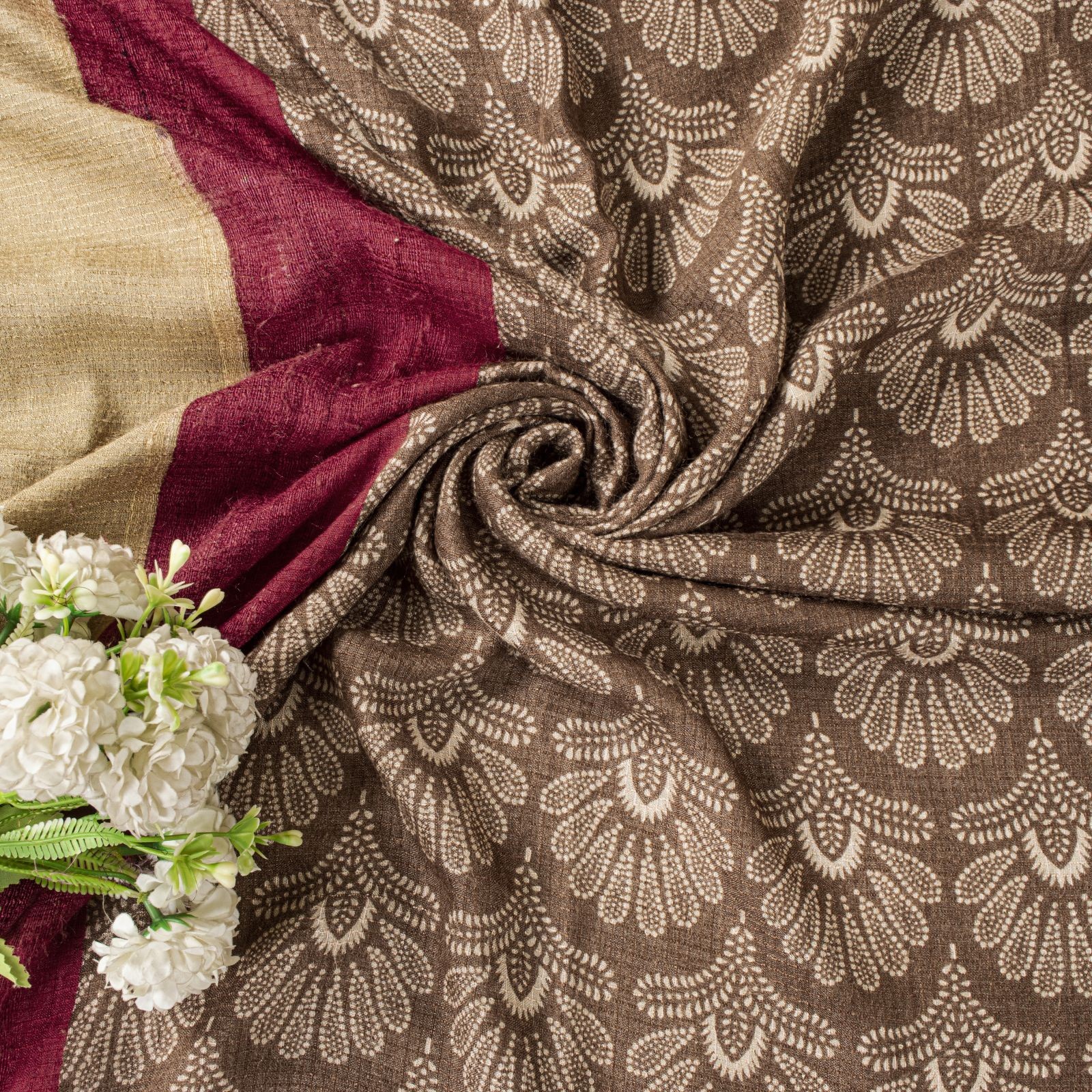 Sanskriti Vintage Brown Saree Pure Woolen Handloom Floral Print Sari Soft Fabric