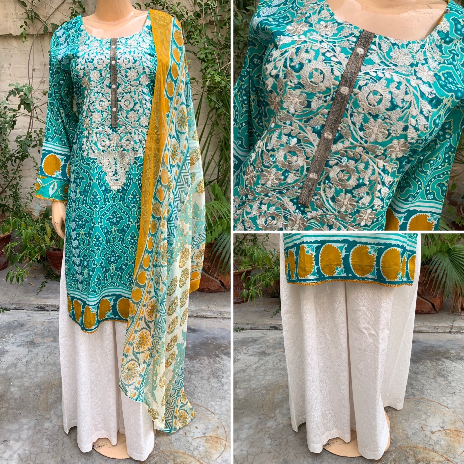 Pakistani Sea Green Printed Straight Shirt 3-PCS Lawn Suit w/ Threadwork ,XL