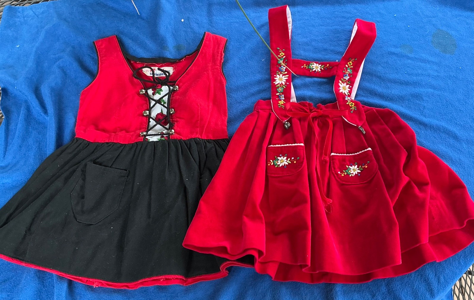 2 German Traditional Dirndl Dress & Velvet Lederhosen Size 4 No Blouse VTG EUC