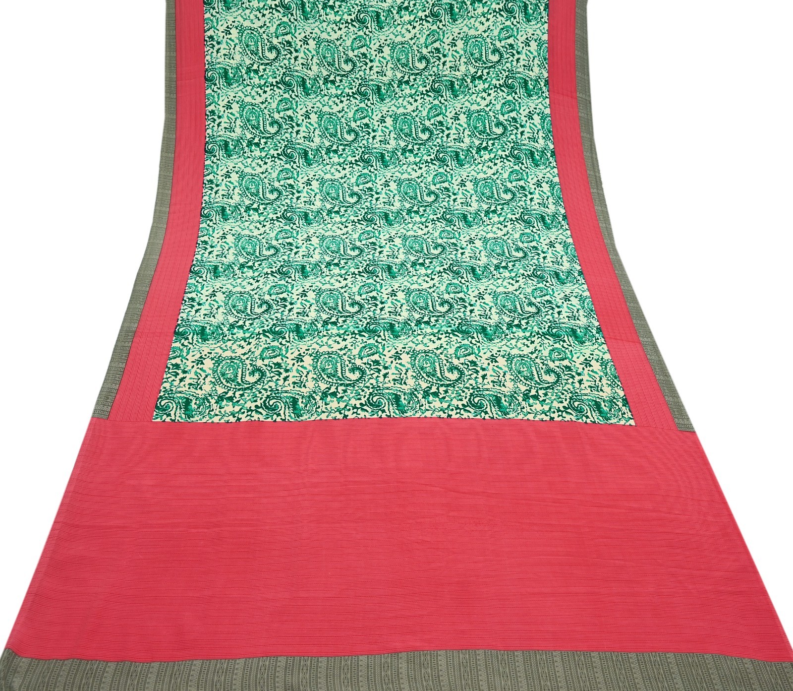 Indian Vintage Sari Pink & Ivory Moss Crepe Printed Sarees 6yd Craft Fabric soft