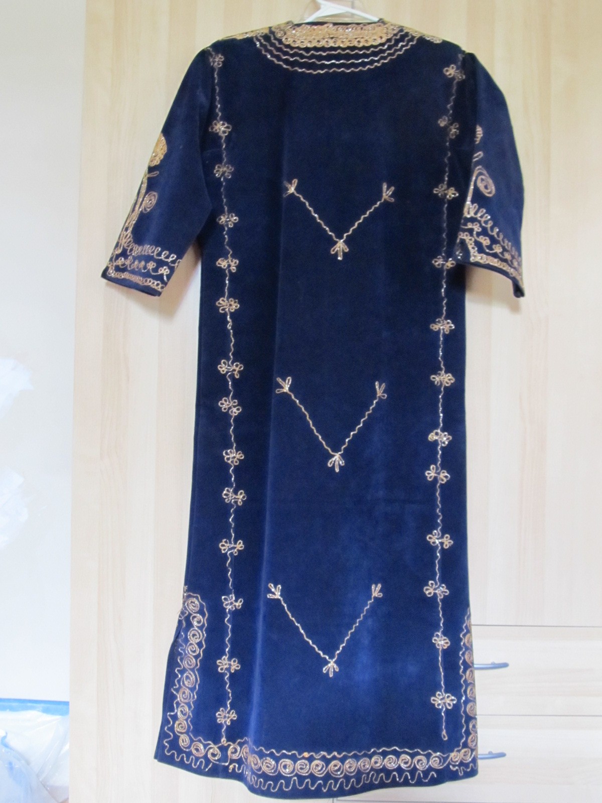 Fine Traditional Vintage Blue Velvet Gold-Silver Embroidered Folk Caftan Dress