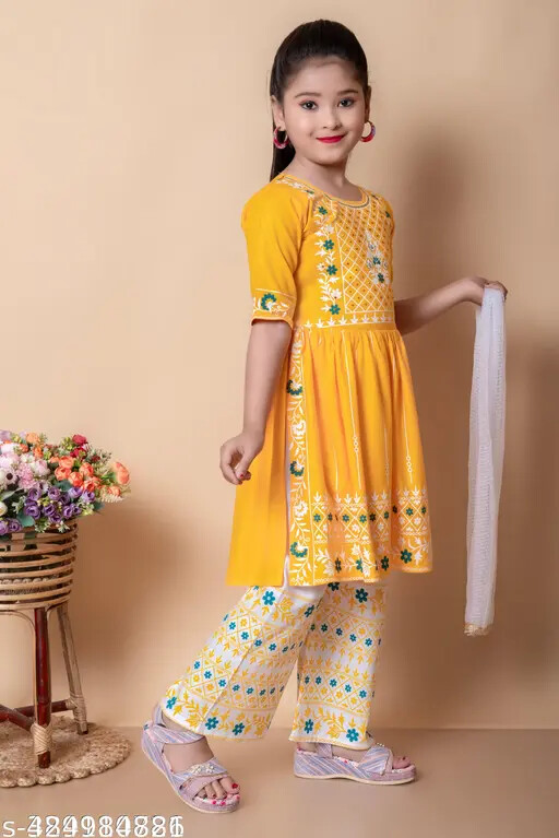 Indian Kids Traditional Nayra Cut Kurti Palazzo Dupatta Trendy set for Girls