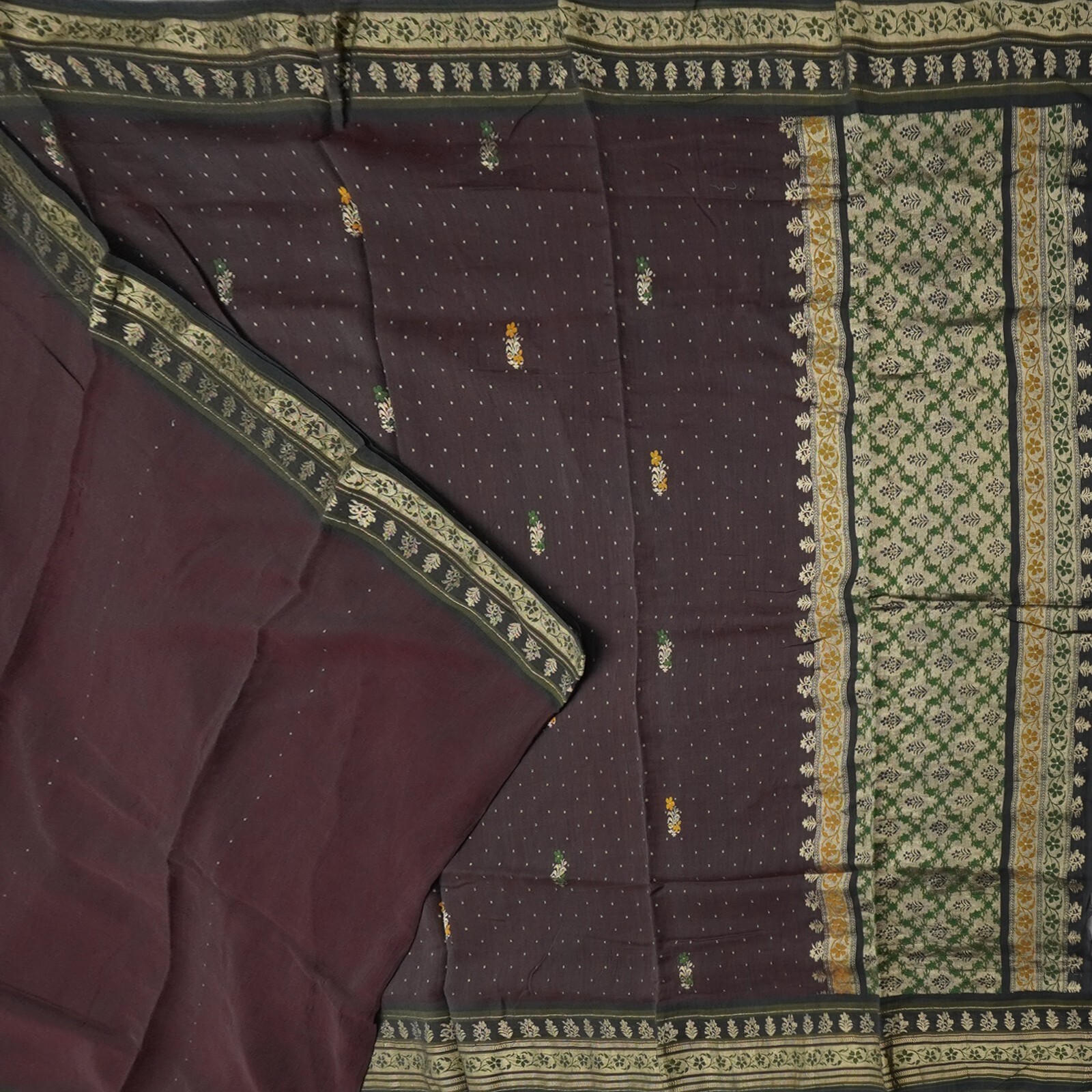 Vintage Brown Sarees Silk Cotton Floral Zari Butta Handwoven Sari Craft Fabric