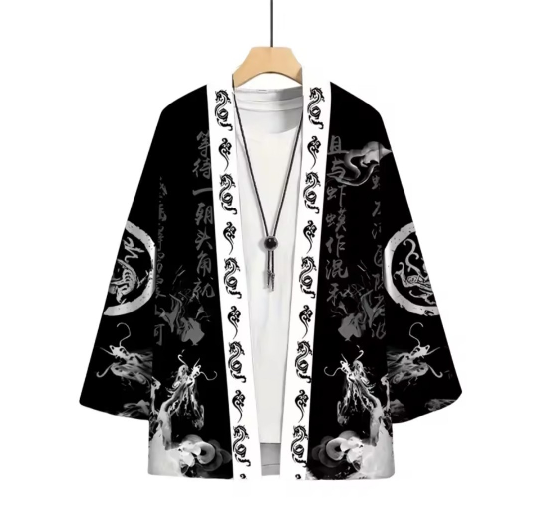 Japanese Men’s Kimono Haori Jacket – Black & White Dragon Cloud Streetwear Coat