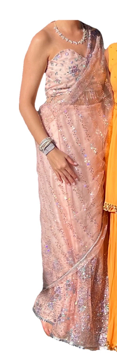Lashkaraa Light Pink Sequins Embellished Net Saree Size XSmall (34)