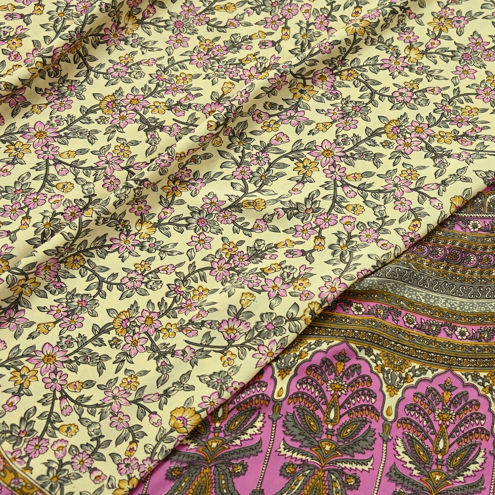 Vintage Sari Ivory & Pink Moss Crepe Printed Sarees 5yd Craft Fabric Sewing Soft
