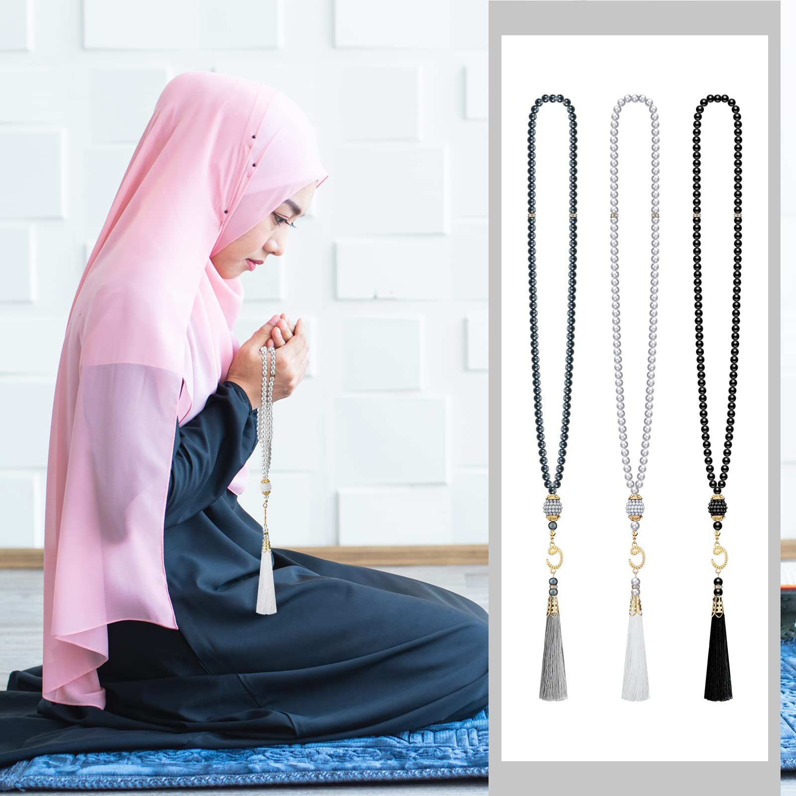 6 Pieces Kufi Hats for Men Muslim and Muslim Prayer Beads Set 3 Handicraft Kn…