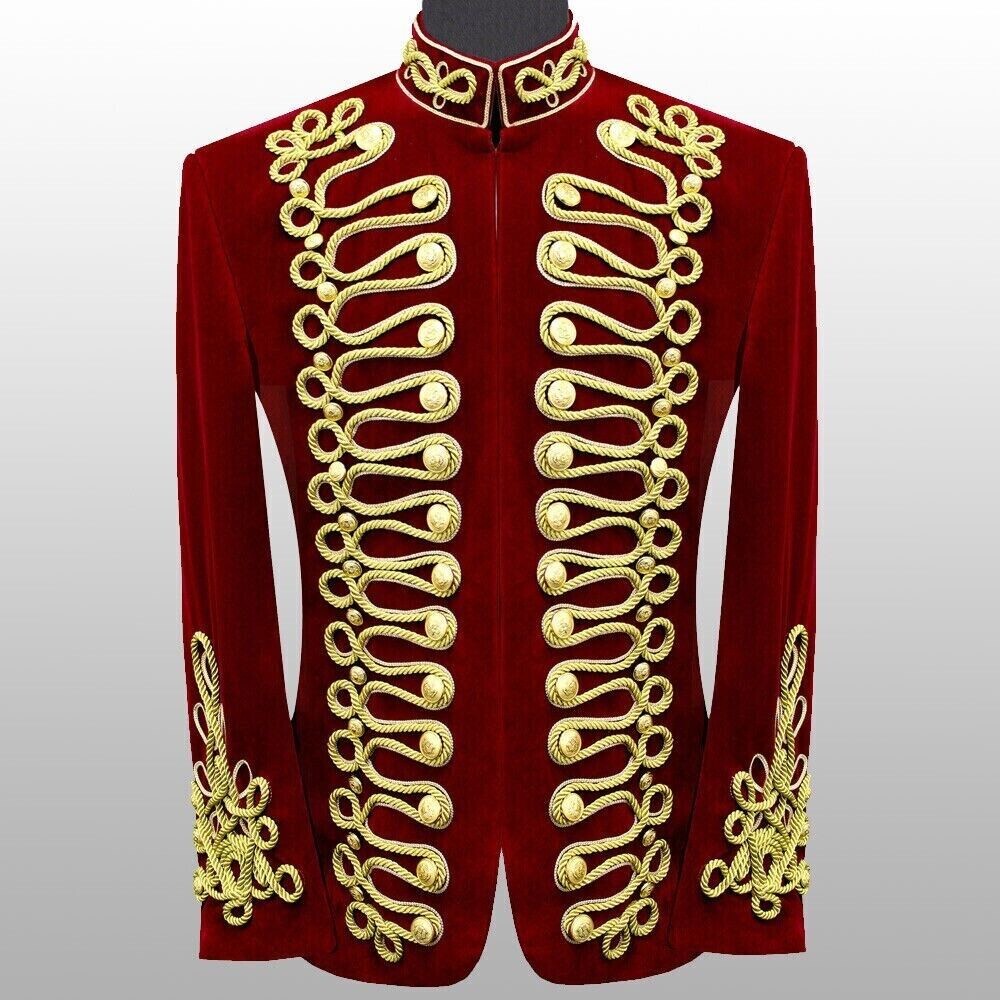 Men’s Red Hussar Velvet Jacket Military Gold Braided Jacket