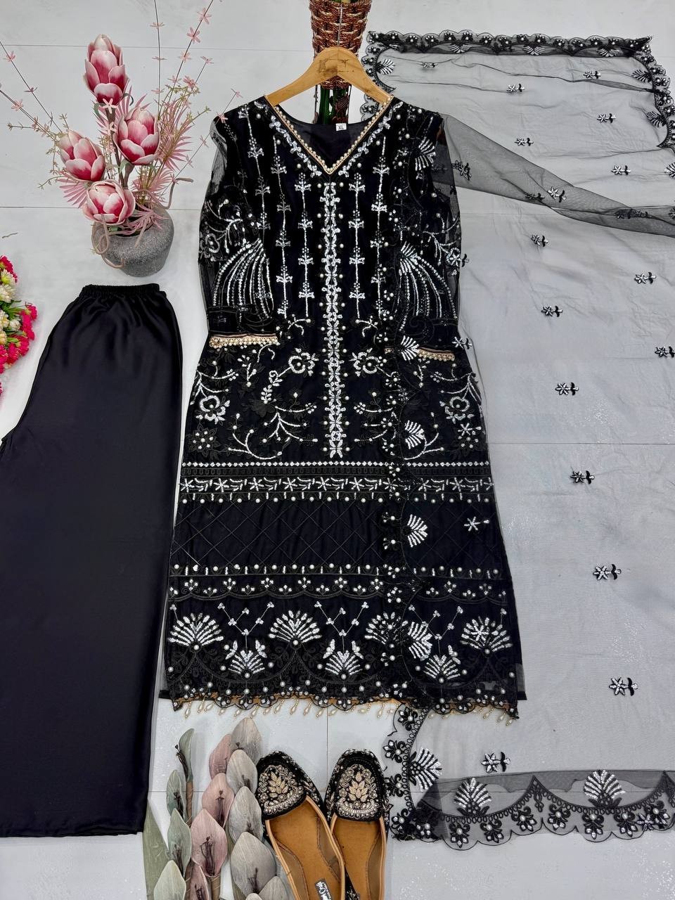 Latest Beautiful Soft Net Black Palazzo Suit With Dupatta For Indian Party Wear