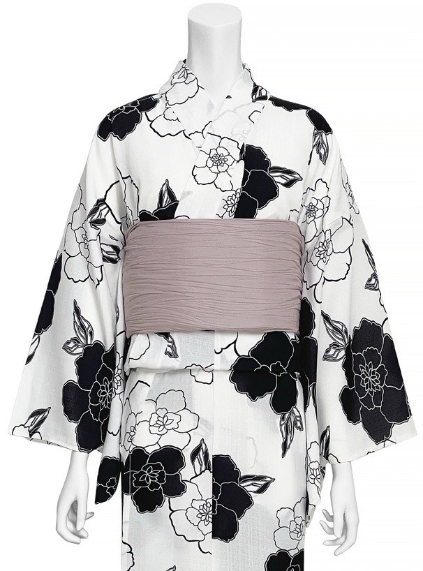 Modern Japan Yukata 3pc Set Women Monotone Peony Cotton-Linen Feel Bow Obi New