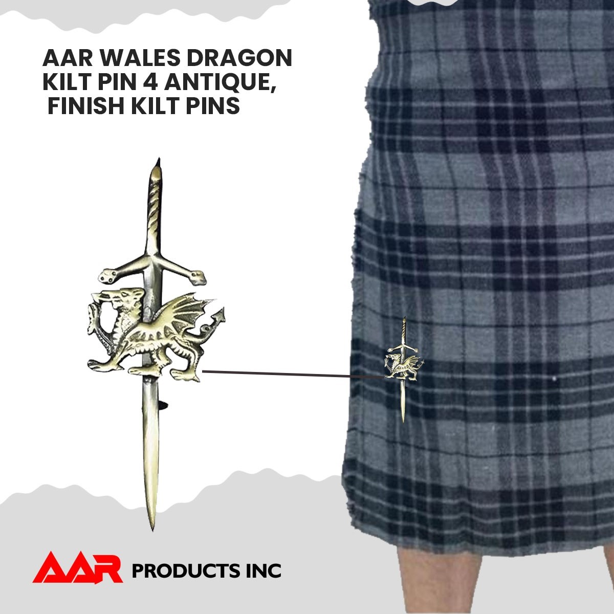 Kilt Pin Scottish Thisltle Wales Dragon Highland Kilts Pin 4″ Antique New AAR