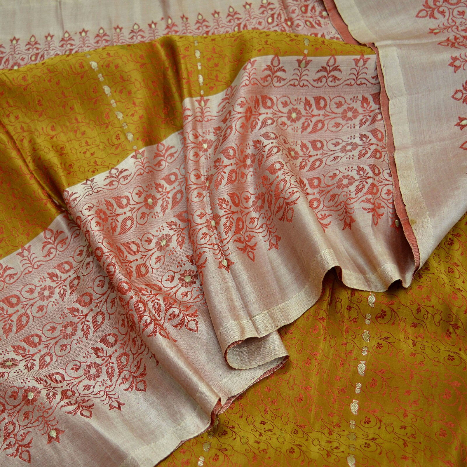 Vintage Sari Mustard Heavy Pure Satin Silk Hand Woven Brocade Sarees 5yd Ethnic