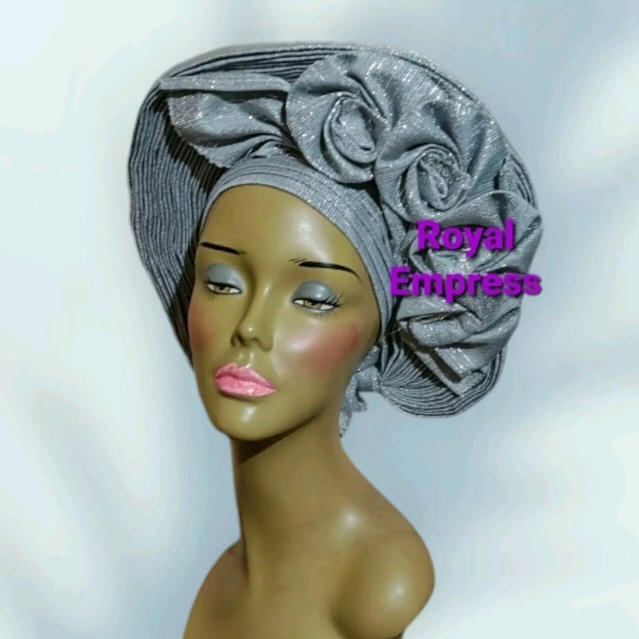 Aso-Oke African Headtie Auto Gele, Metallic Grey Empress headwear