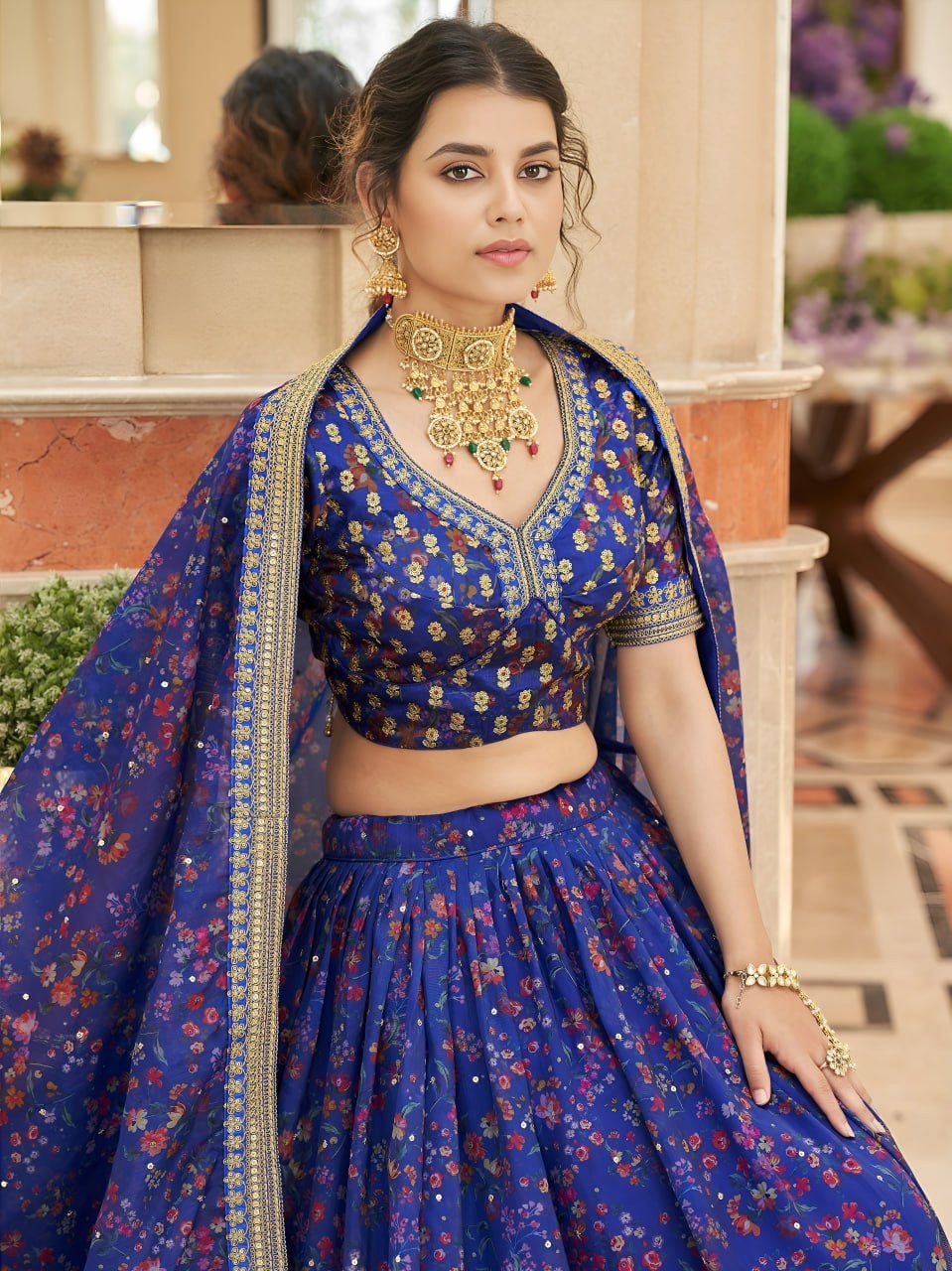 Bridal Organza Lehenga Choli Floral Print Zari Embroidery Wedding Wear