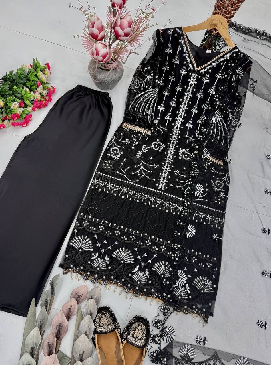 Latest Beautiful Soft Net Black Palazzo Suit With Dupatta For Indian Party Wear
