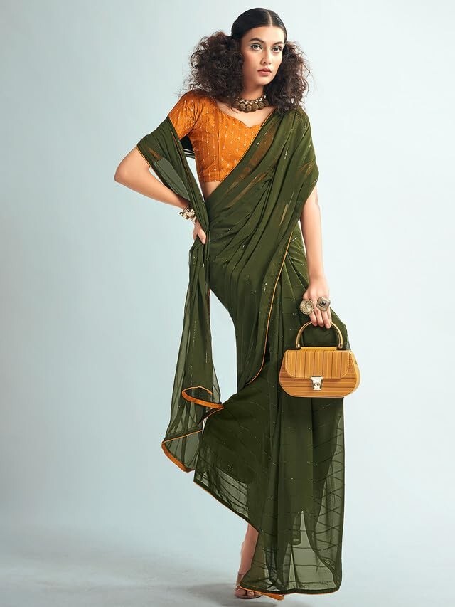 Georgette Sequence Work & Piping Border Saree with Unstitched Blouse Piece