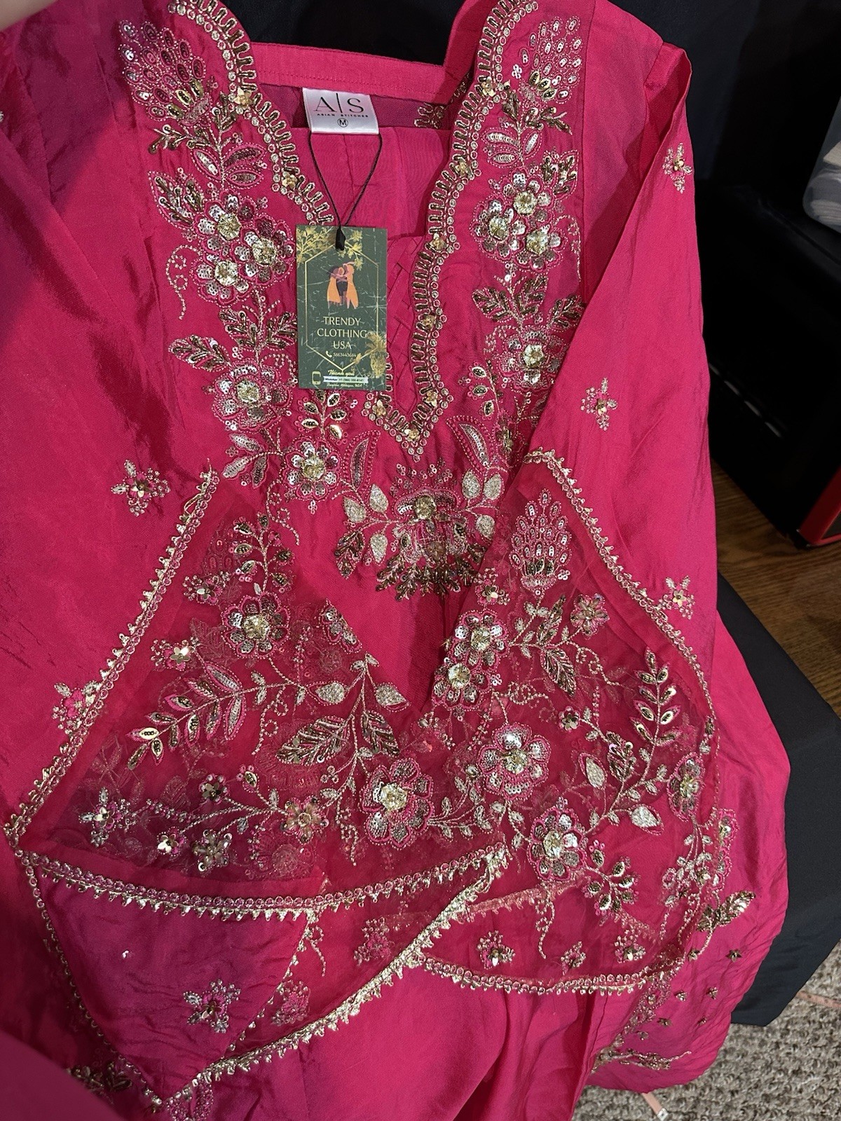 ASIAN STITCH ZARQUN BRAND – Emb Raw Silk Front & Back Emb, Net Lux Dupatta – $75