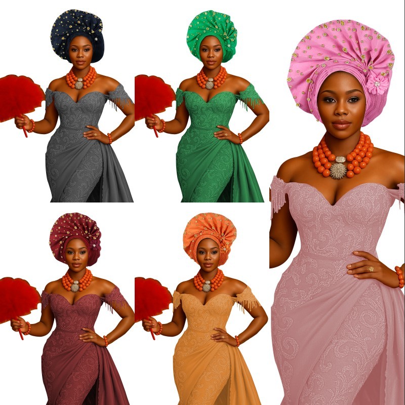 Muslim Women Aso Oke Gele Headtie African Headtie Auto Gele Turbans Hijabs Cap