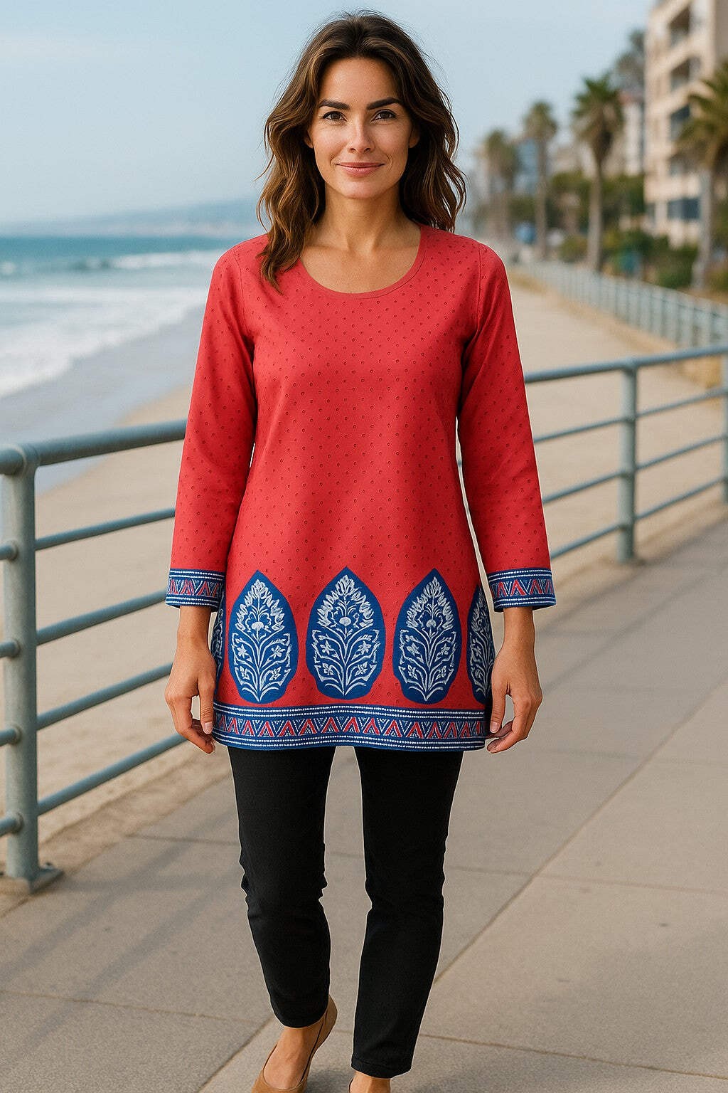 Tunic for Women Printed Short Crape Kurti Kurta Round Neck Long Sleeves 3005-L