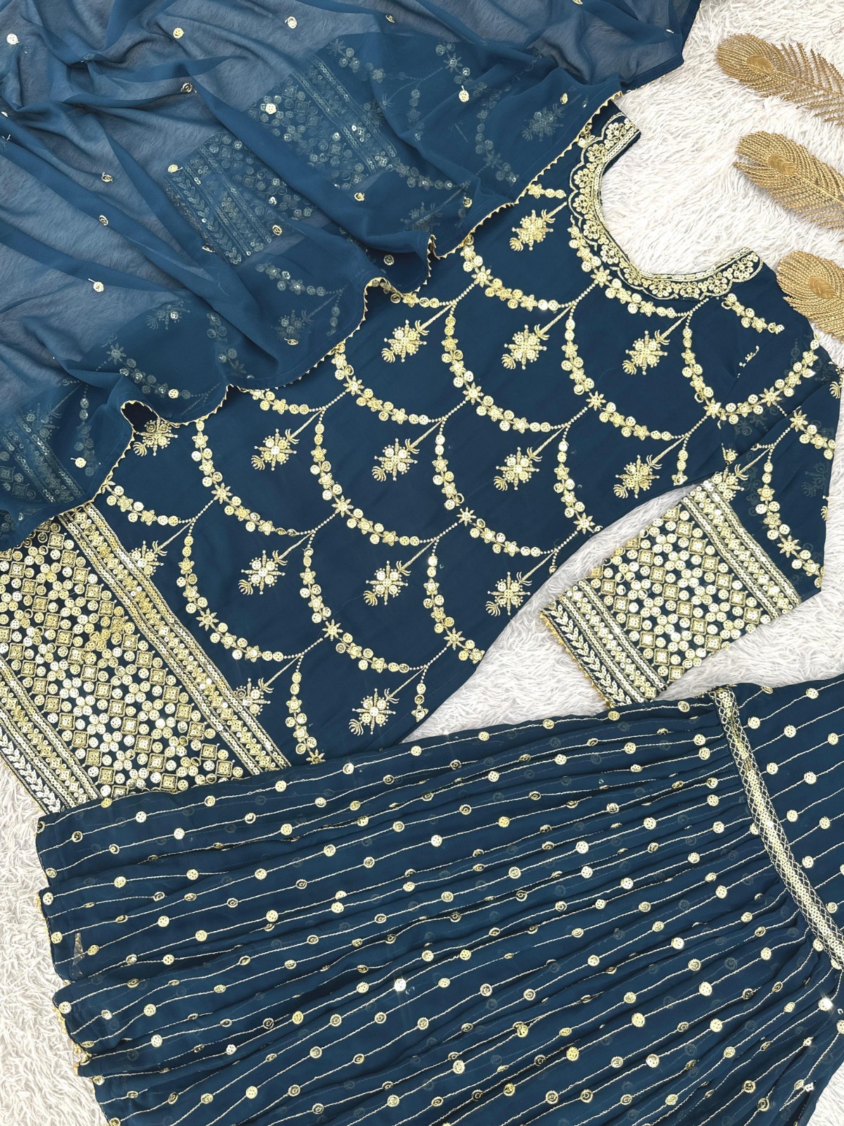 Teal Blue Sharara Suit Heavy Embroidery Indian Party Bridal Wear Dupatta Set