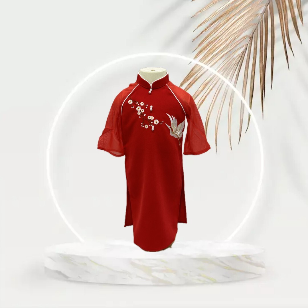 Red Vietnamese Ao Dai with White Pants for Girl. Complete Set