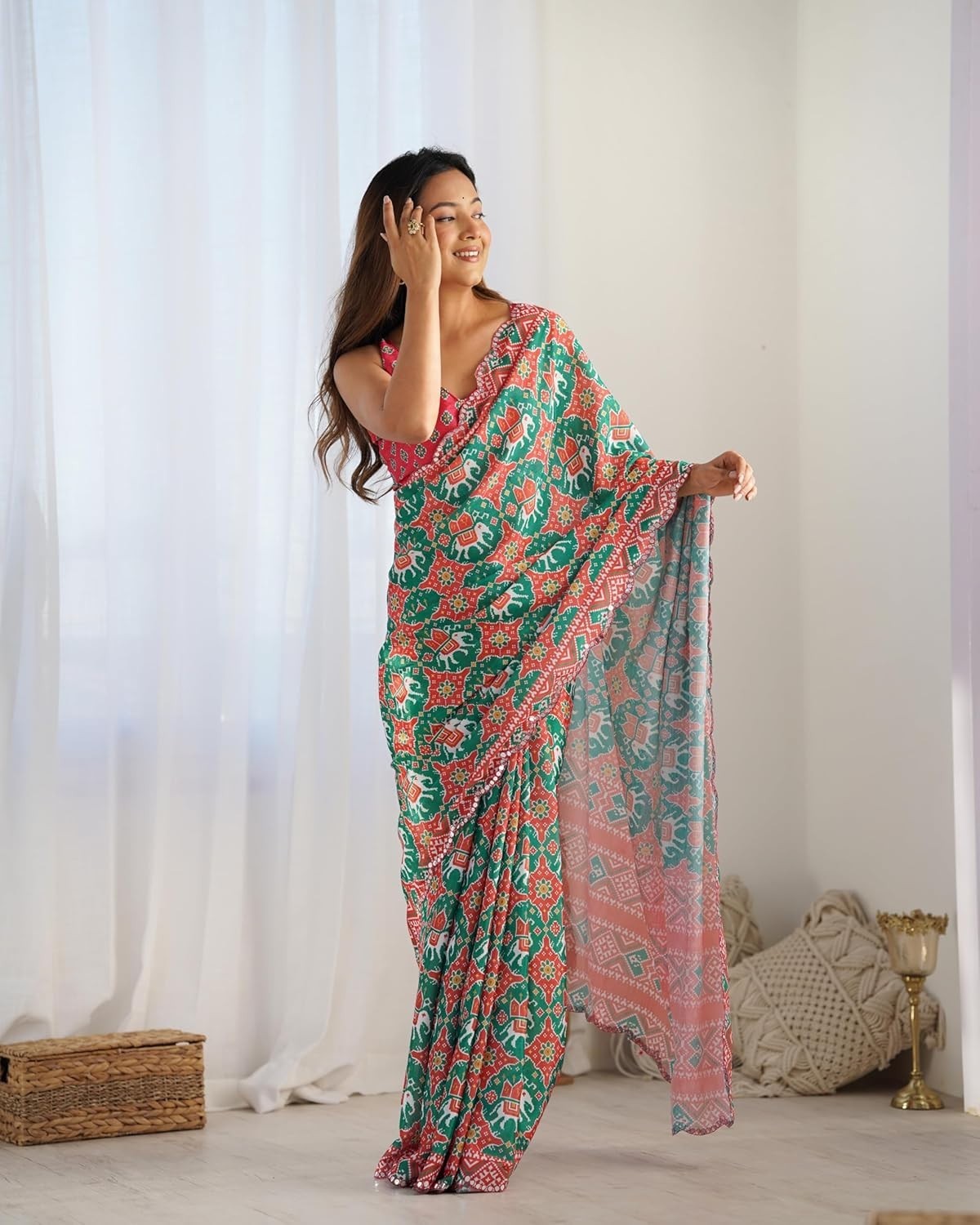 Women’s Chinon Digital Printed Saree with Unstitched Blouse Piece