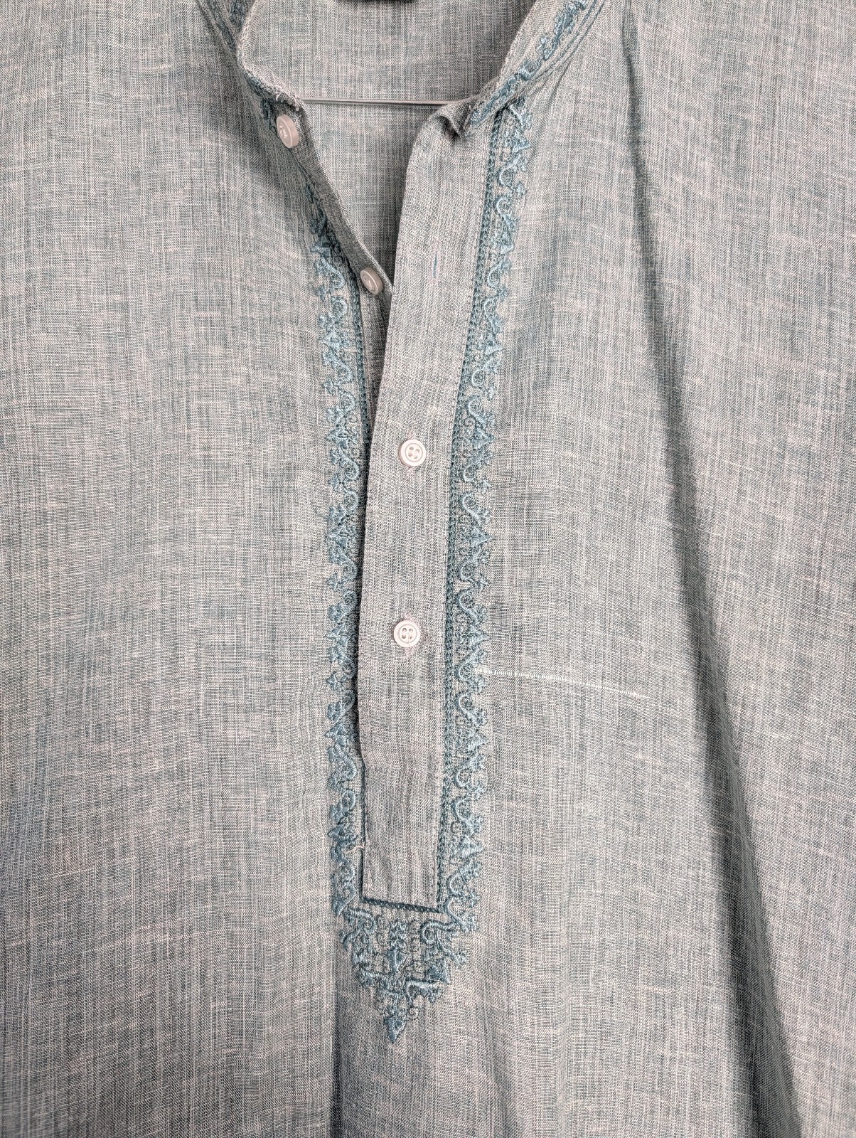 Swastika Kurta Size 48 XL Men’s Long Tunic Blue Textured Linen Blend Embroidered