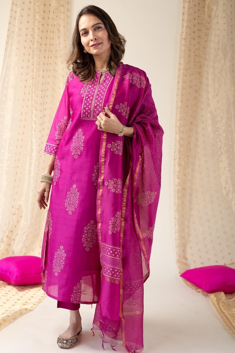 Women’s Rayon Blend Straight Printed Kurta with Pant & Dupatta