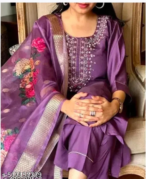 Women Self Design Kurti, Pant and Dupatta Set (Wine) Ind (M884), Kurti for women