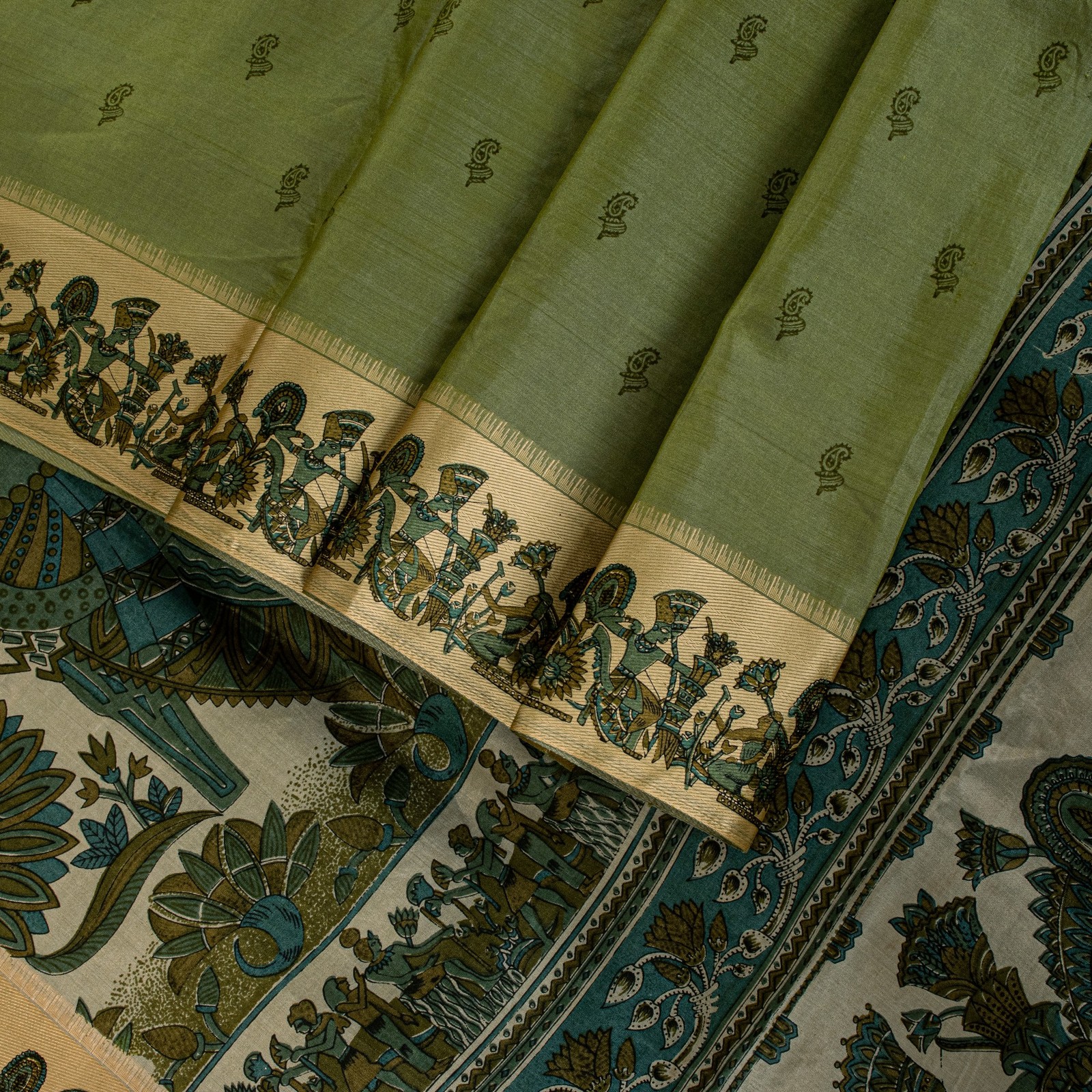 Sanskriti Vintage Sari Green Soft Pure Silk Kalamakari Digital Print Saree 5.5Yd