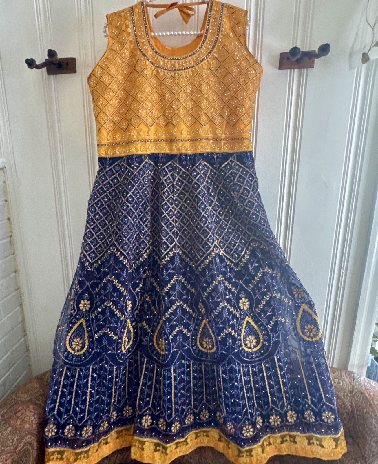 Handmade Anarkali Women’s XL Blue Gold Net Cotton Blend Salwar Kameez Dress