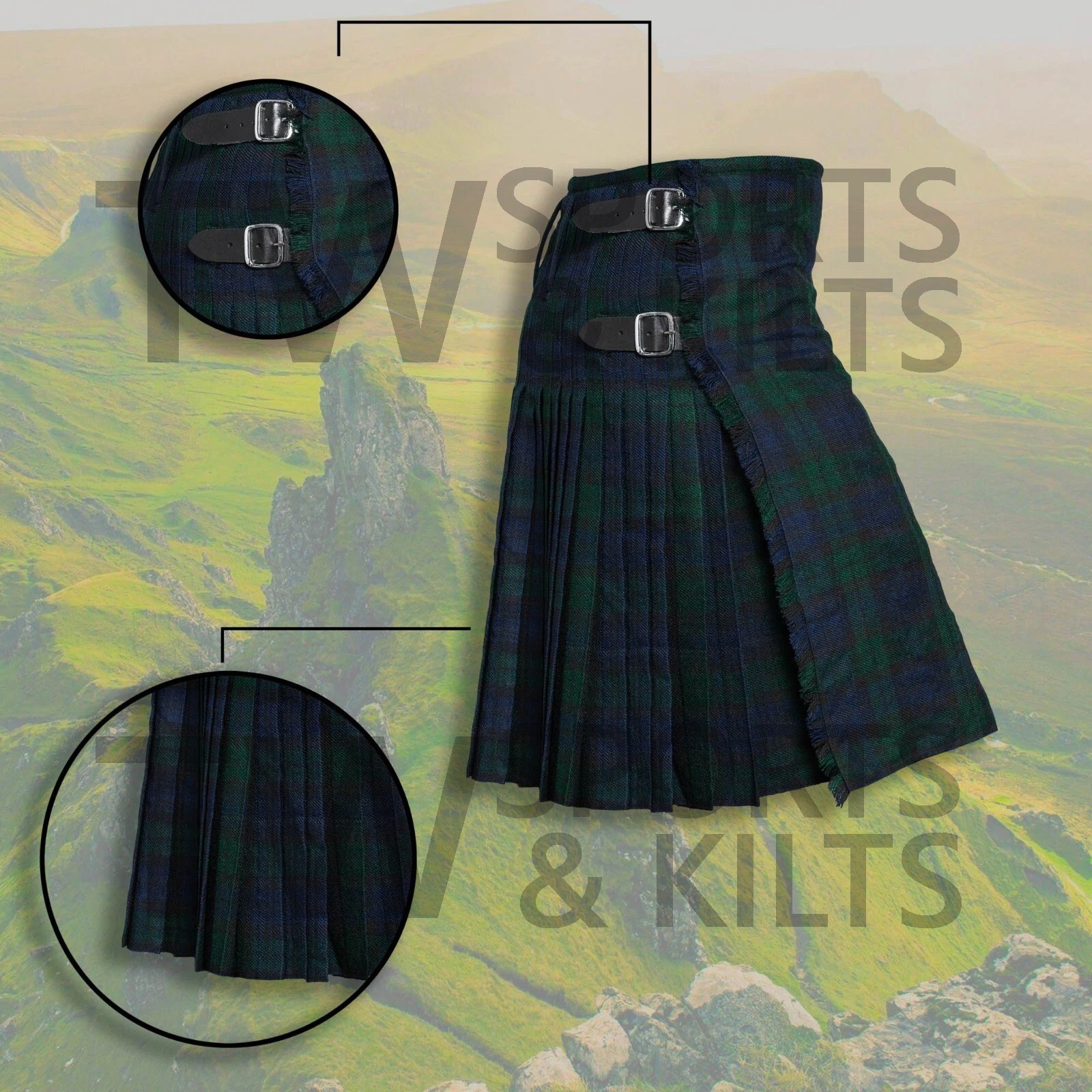 Scottish Men’s Outfit Black Watch Tartan Kilt Set – 10 Pieces Kilt Accessories