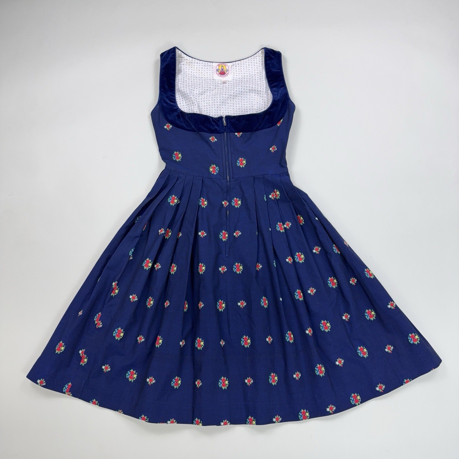 Vintage Cotton Dirndl Dress Floral Print Velvet Trim Folk EU 38 S