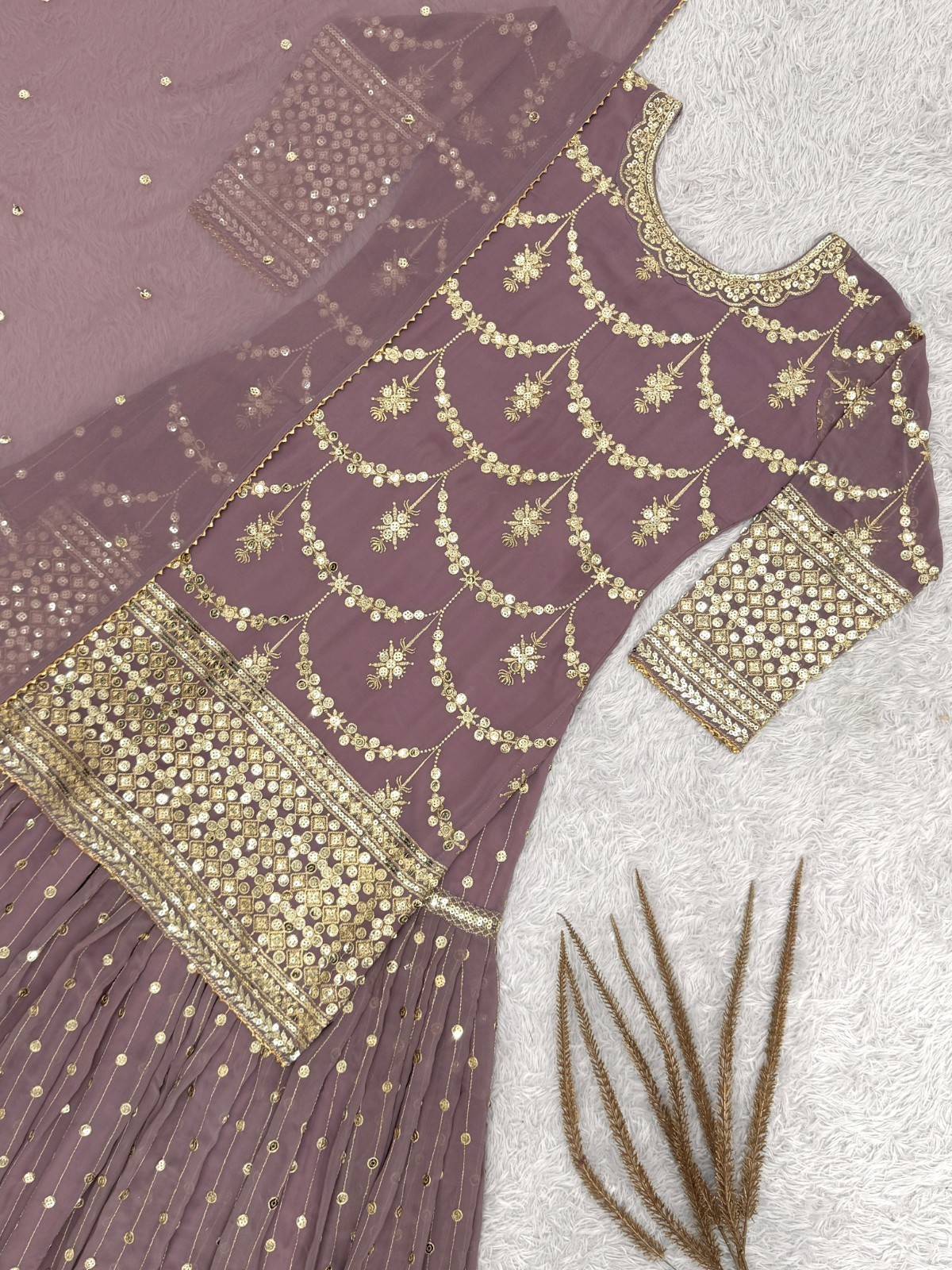 Indian Designer Sharara Suit Dusty Mauve Gold Embroidered Wedding Ready to Wear